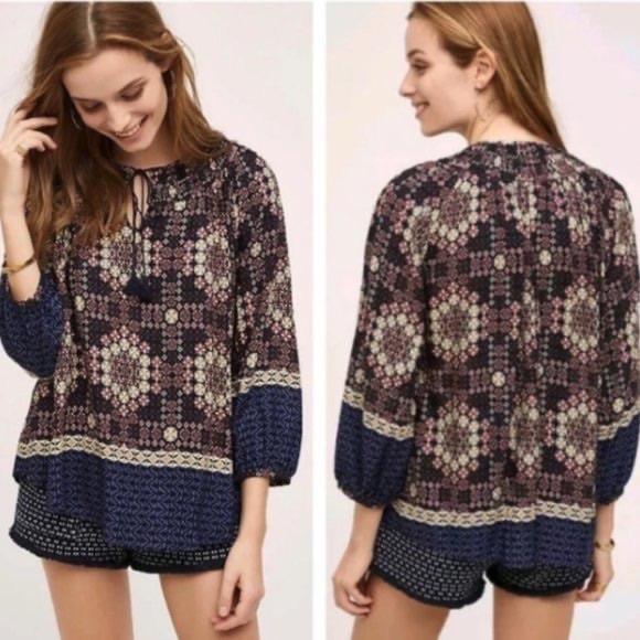 Anthropologie Tops - Anthropologie 111 Tylho Kay Popover Blouse Top Boho Peasant Balloon Sleeve Print
